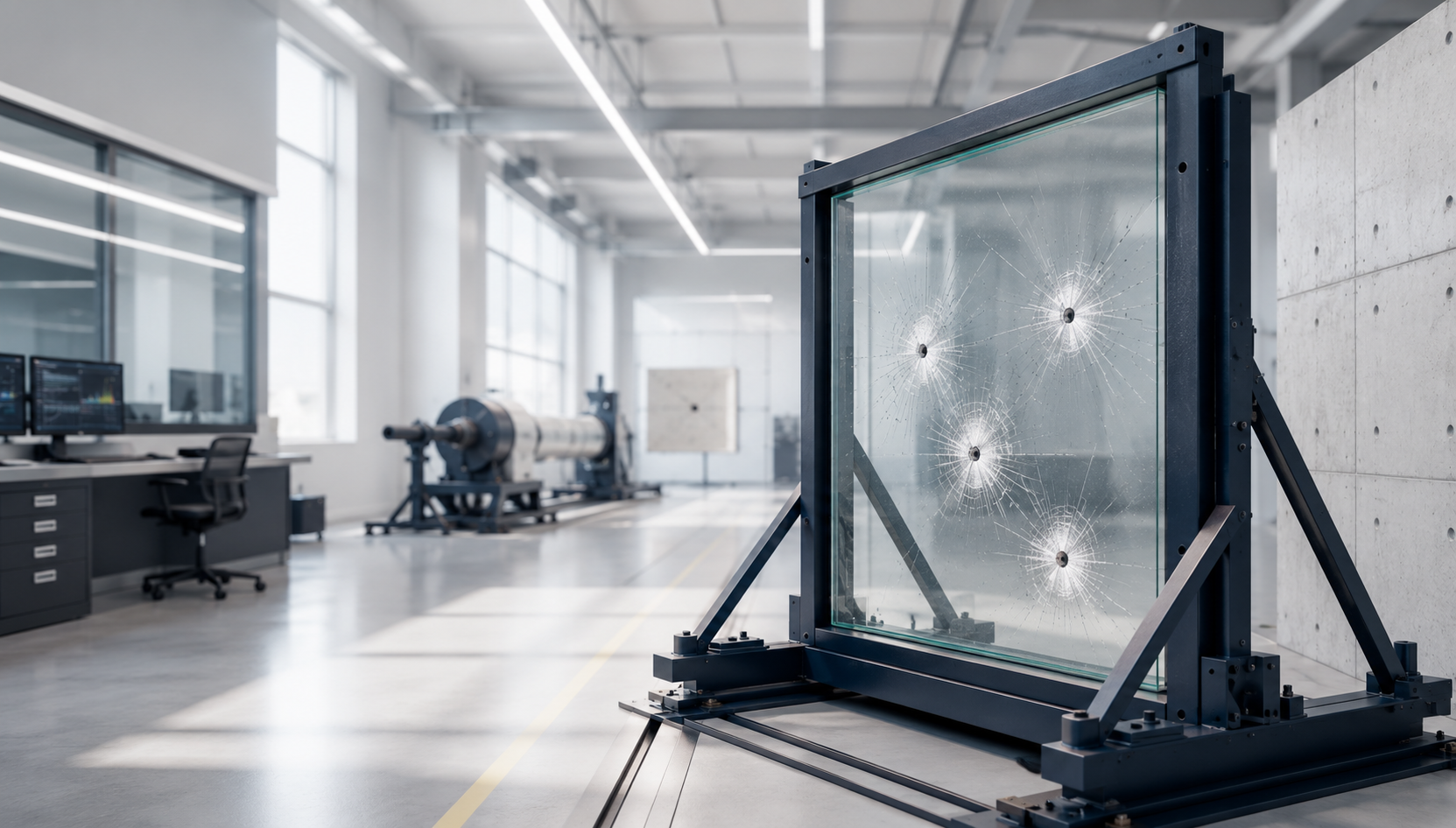Ballistic laboratory technician inspecting an armoured steel test panel